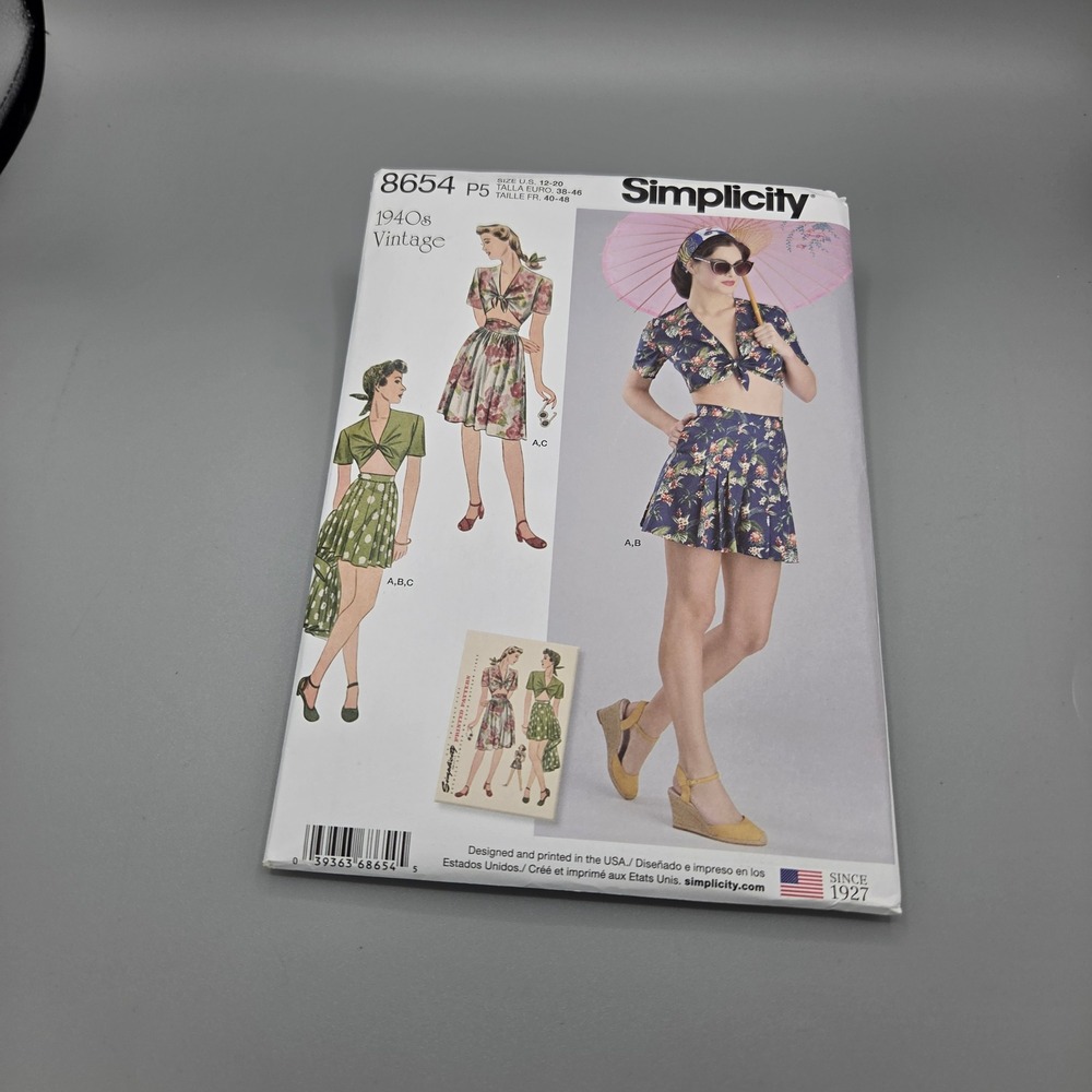 Simplicity 8654 1940s Vintage Sewing Pattern Skirt Shorts Tie Top Size 12-20